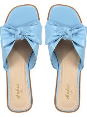 🆕Women's Blue Bow Flat Sandals Square Open Toe Dressy Comfortable Slides
